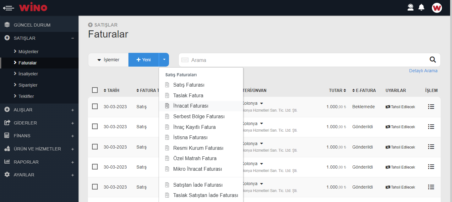 İhracat Faturasını Oluşturun